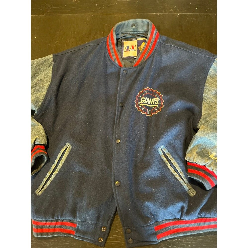 New York Giants NFL Logo‎ Athletic Varsity Jacket Mens XL Blue Red Denim Sleeves